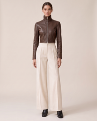 Cropped High-Neck Faux Leather Jacket for Women — Brown