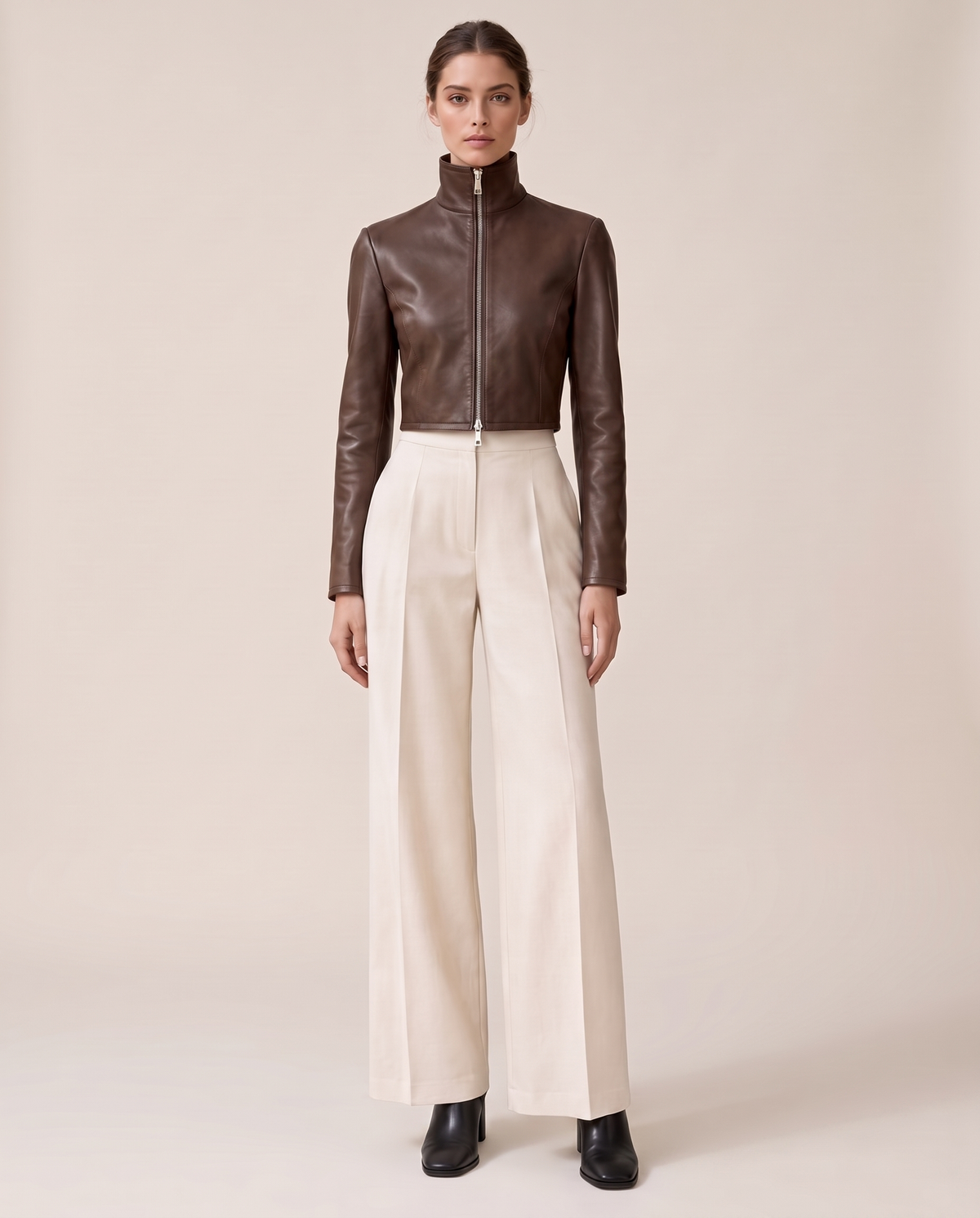 Cropped High-Neck Faux Leather Jacket for Women — Brown
