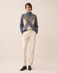 Weymouth Classic High Neck Color Block Argyle Sweater — Brownish Blue