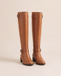 Knee-High Riding Boots with Buckle Straps and Low Block Heel — Light Brown