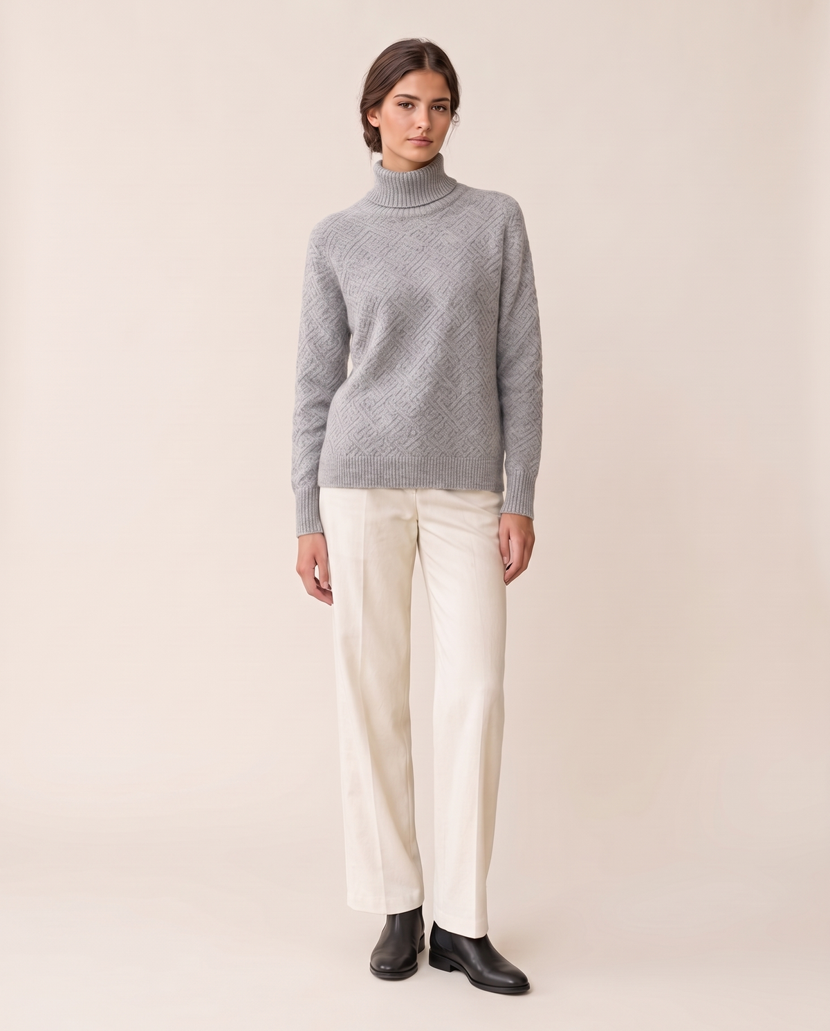 Thornbury Warm Ribbed-Cuff Geometric Knit Turtleneck Sweater — Gray