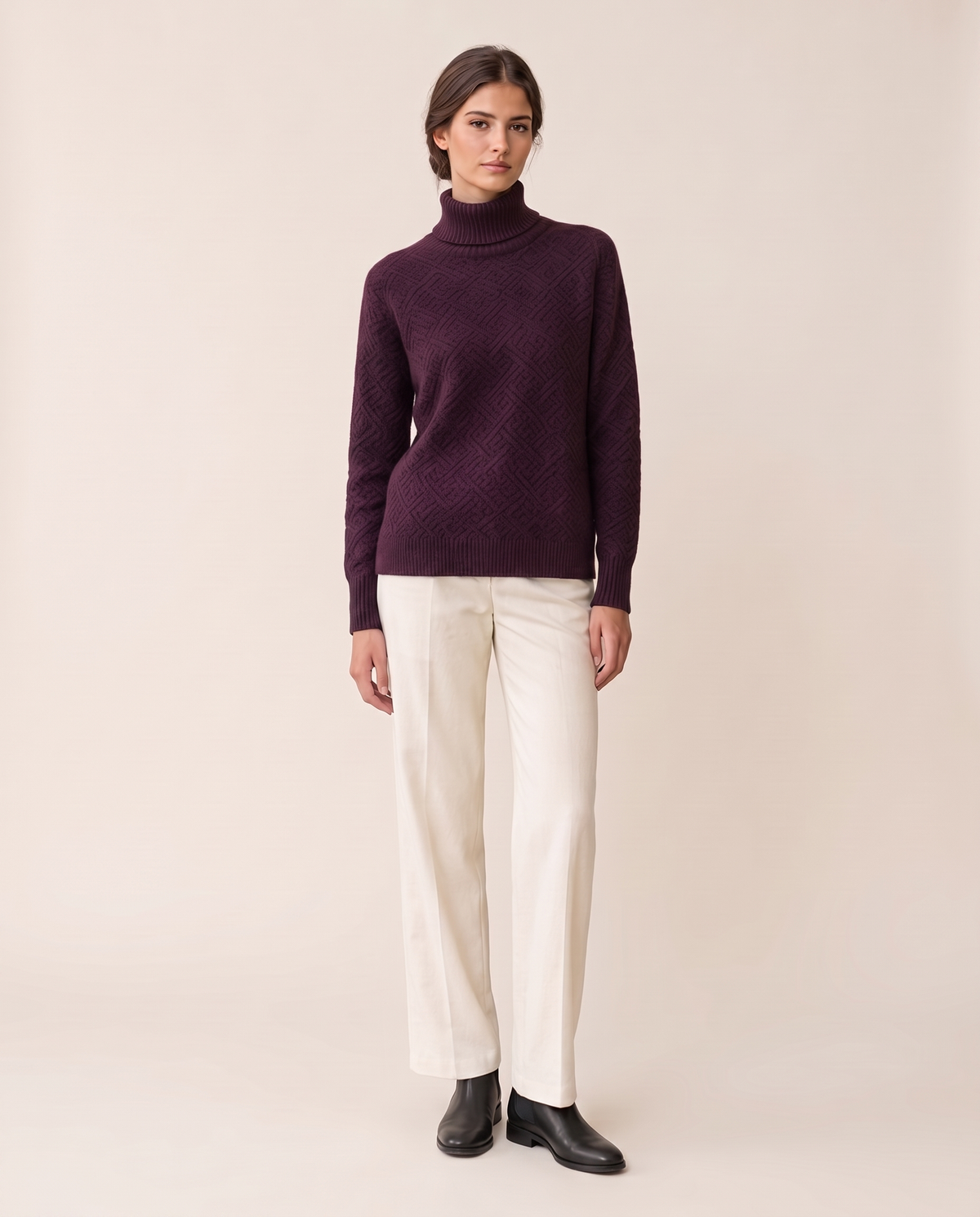 Thornbury Warm Ribbed-Cuff Geometric Knit Turtleneck Sweater — Purple