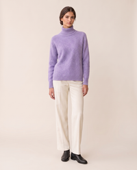 Thornbury Warm Ribbed-Cuff Geometric Knit Turtleneck Sweater — Violet