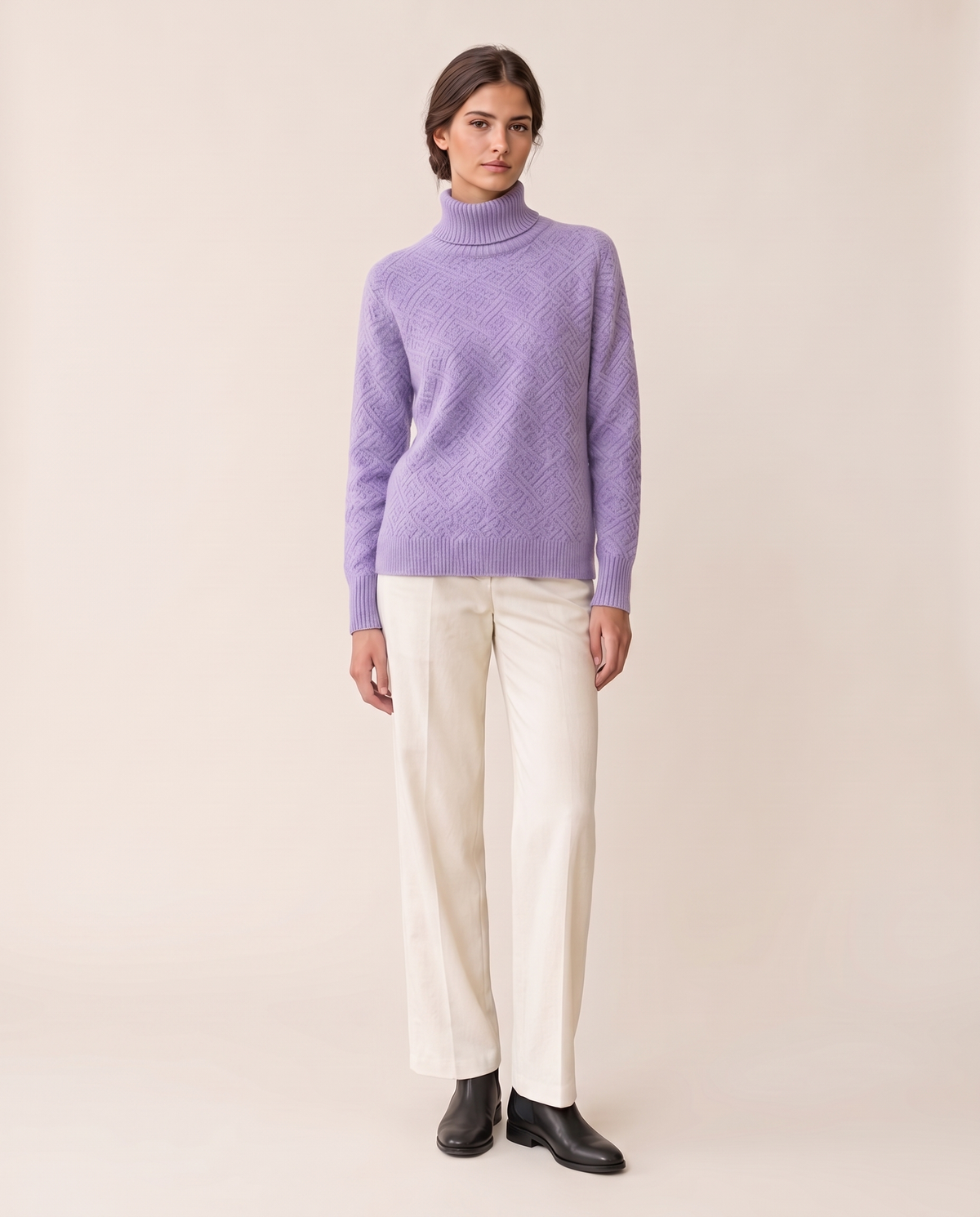 Thornbury Warm Ribbed-Cuff Geometric Knit Turtleneck Sweater — Violet