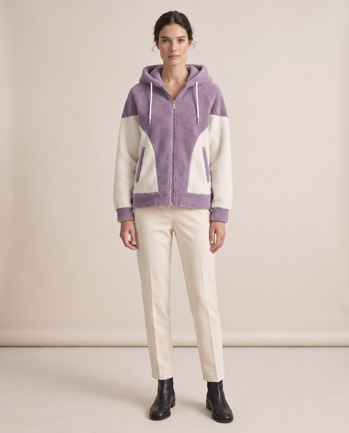 Color-Block Plush Hooded Jacket — Purple