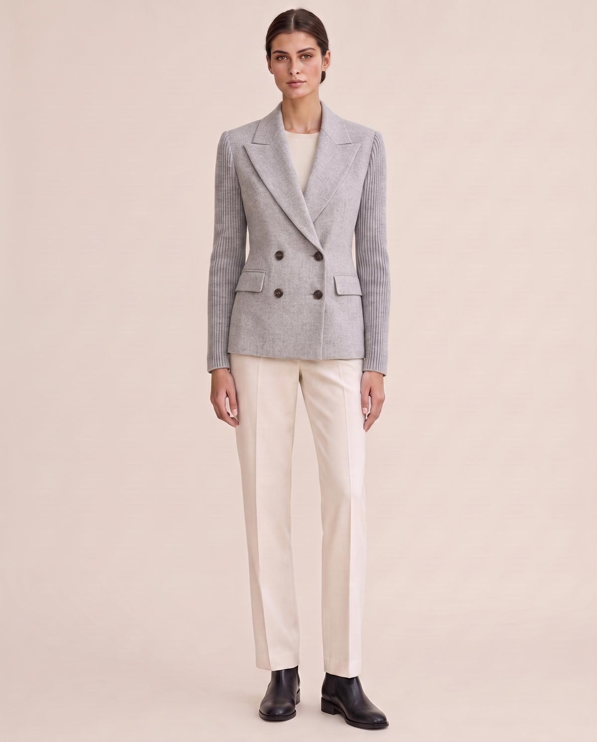 Cascadia Structured Double-Breasted Blazer with Ribbed Sleeves — Light Gray