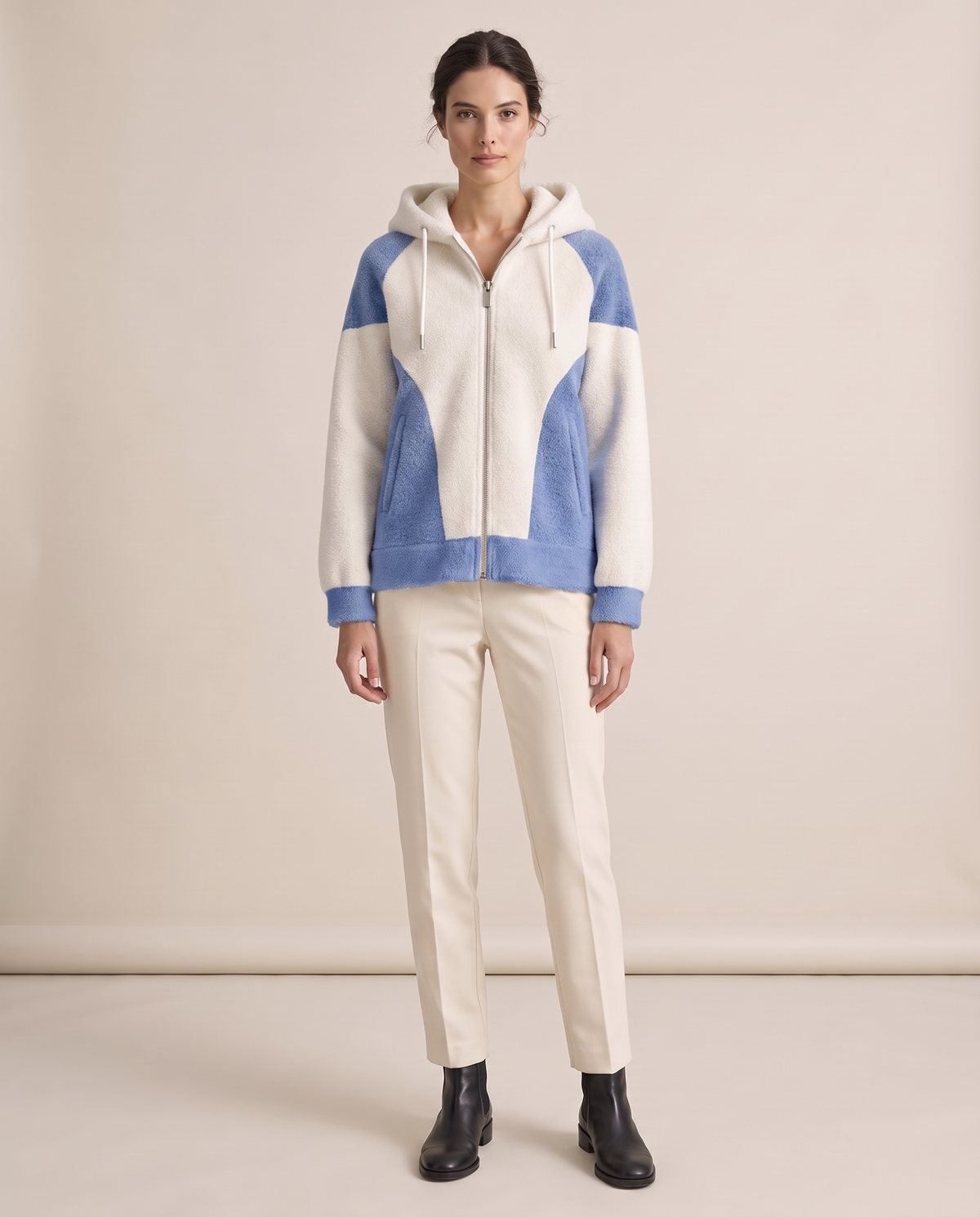 Color-Block Plush Hooded Jacket — Blue
