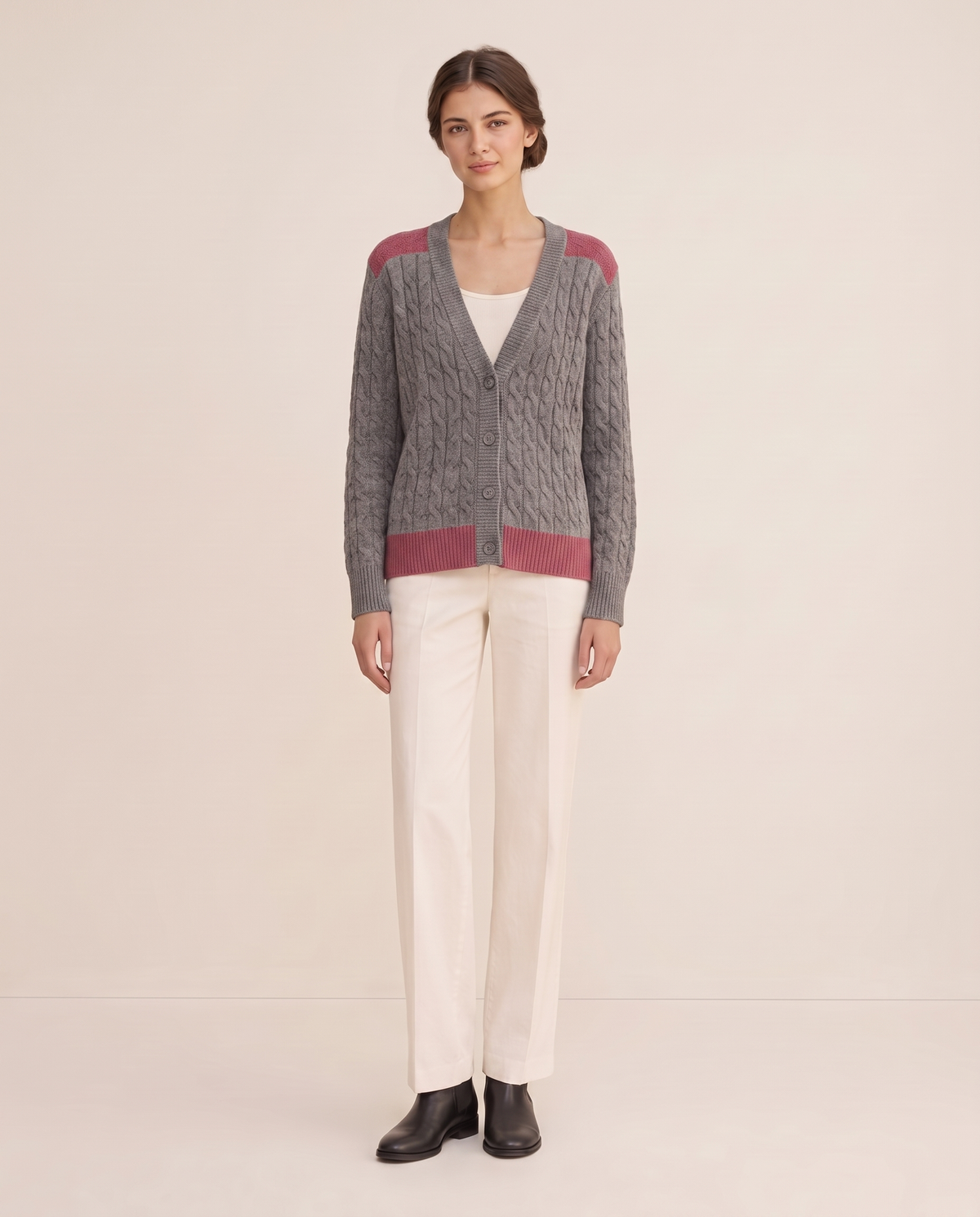 Vietri Relaxed Color-Block Cable Knit Cardigan — Gray / Dark Pink