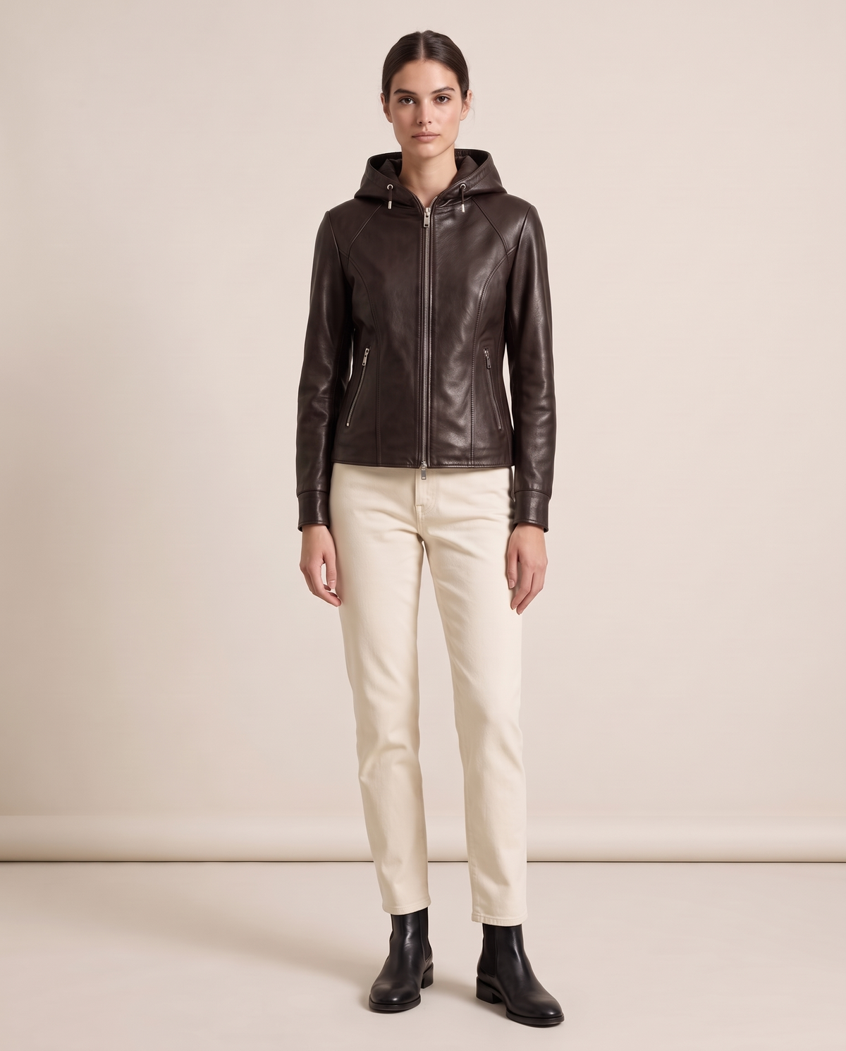 Hooded Faux Leather Jacket for Women — Dark Brown