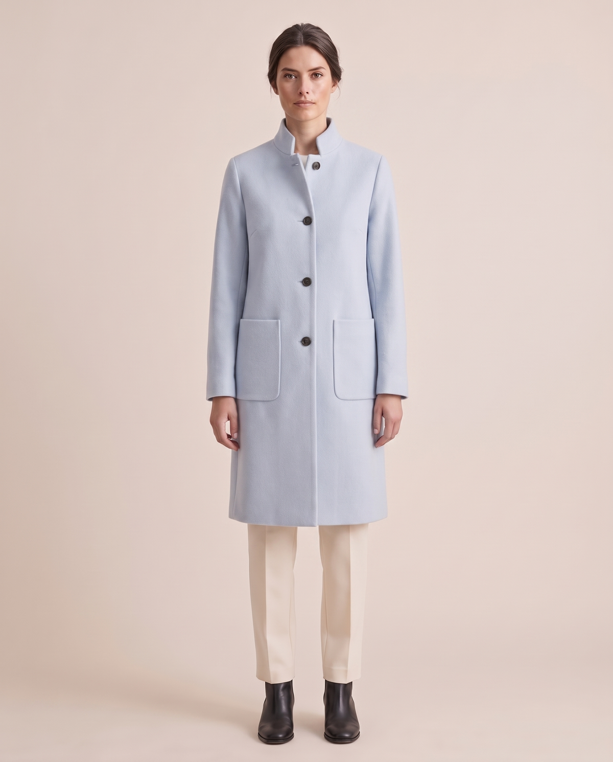 Stand-Collar Wool-Blend Coat with Pockets — Light Blue