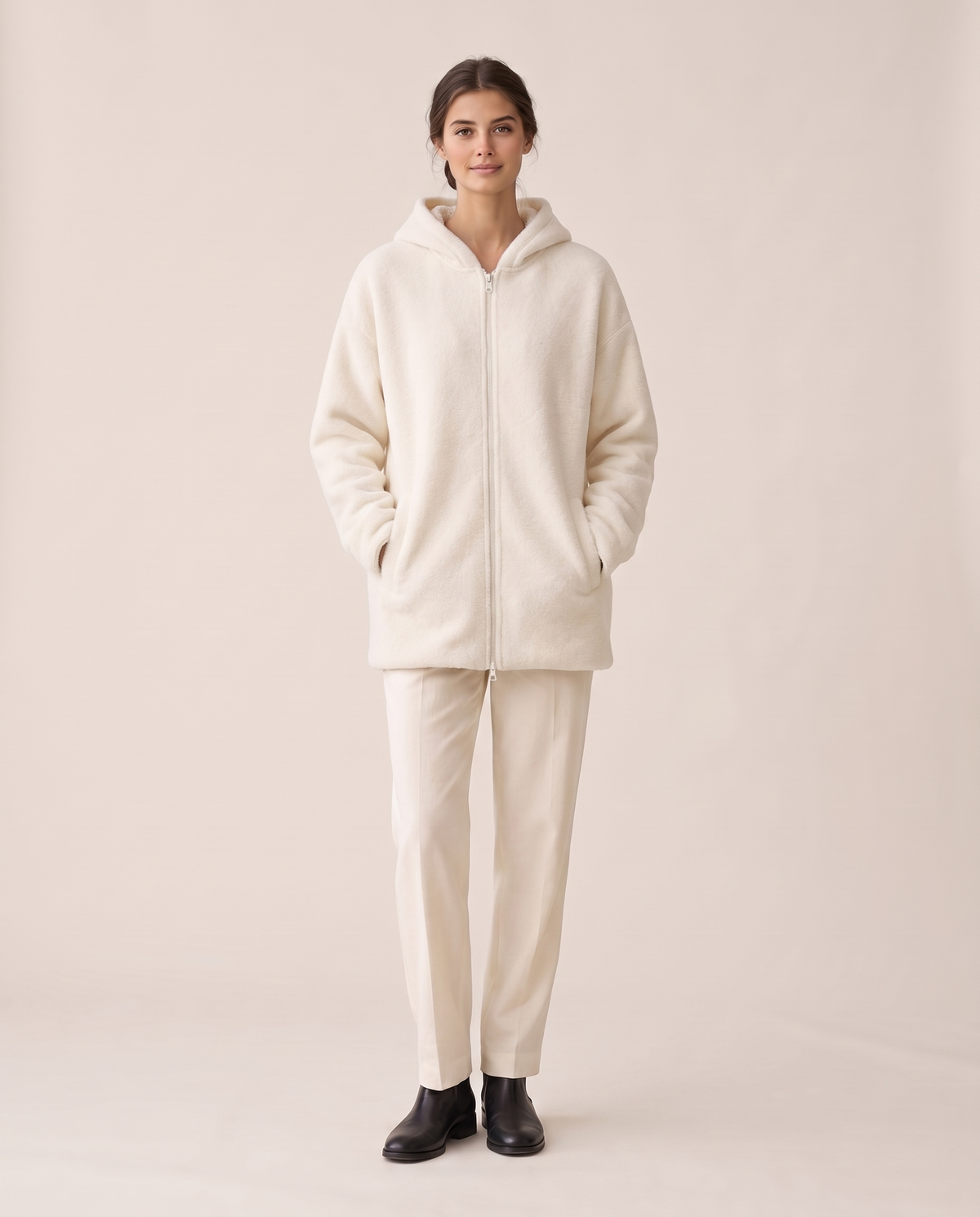 Oversized Hooded Fleece Jacket — White