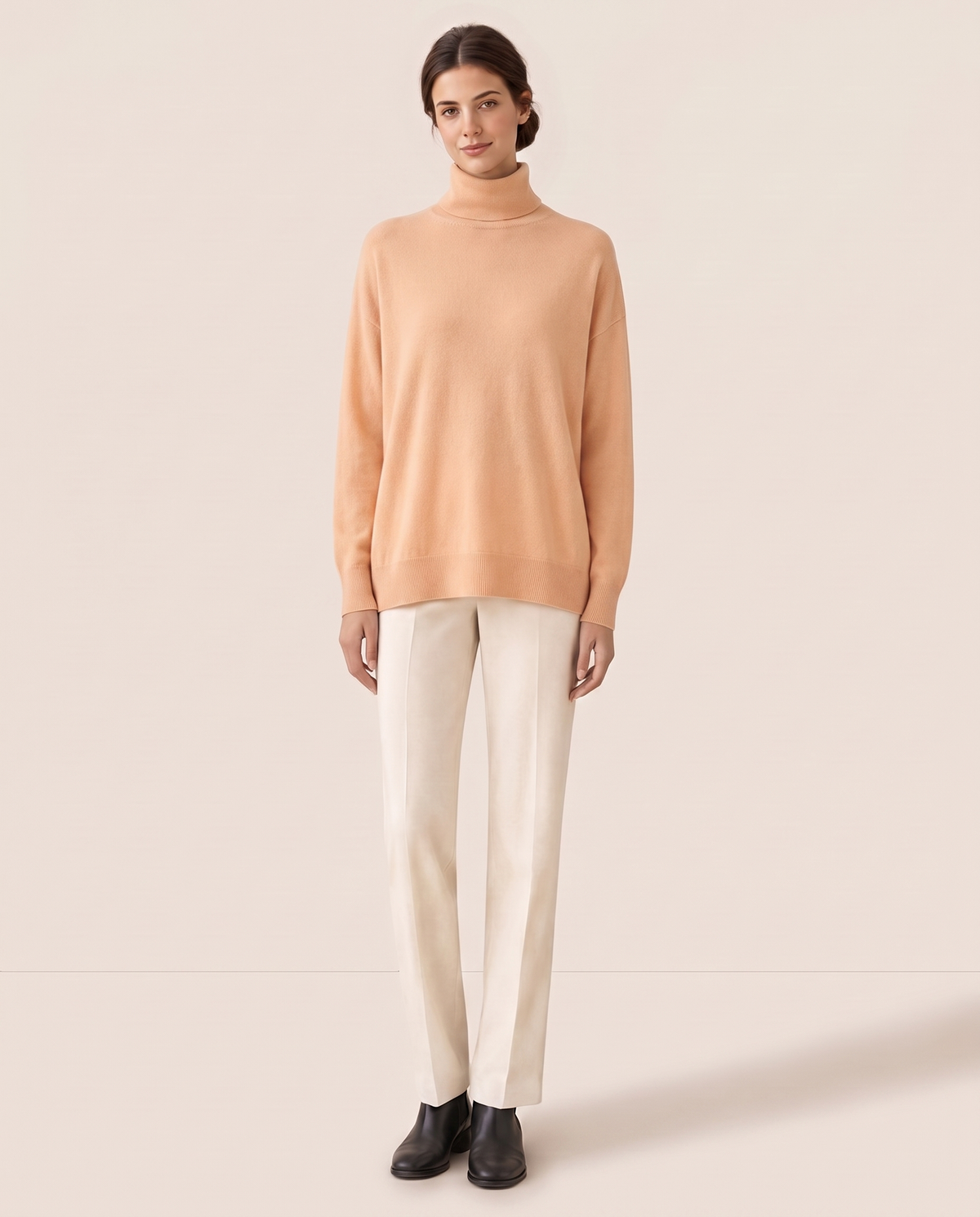 Erice Relaxed Loose-Fit Fine Knit Turtleneck Sweater — Apricot