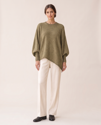 Ghent Warm Wool-Blend Draped Sweater with Asymmetric Hem — Olive Green