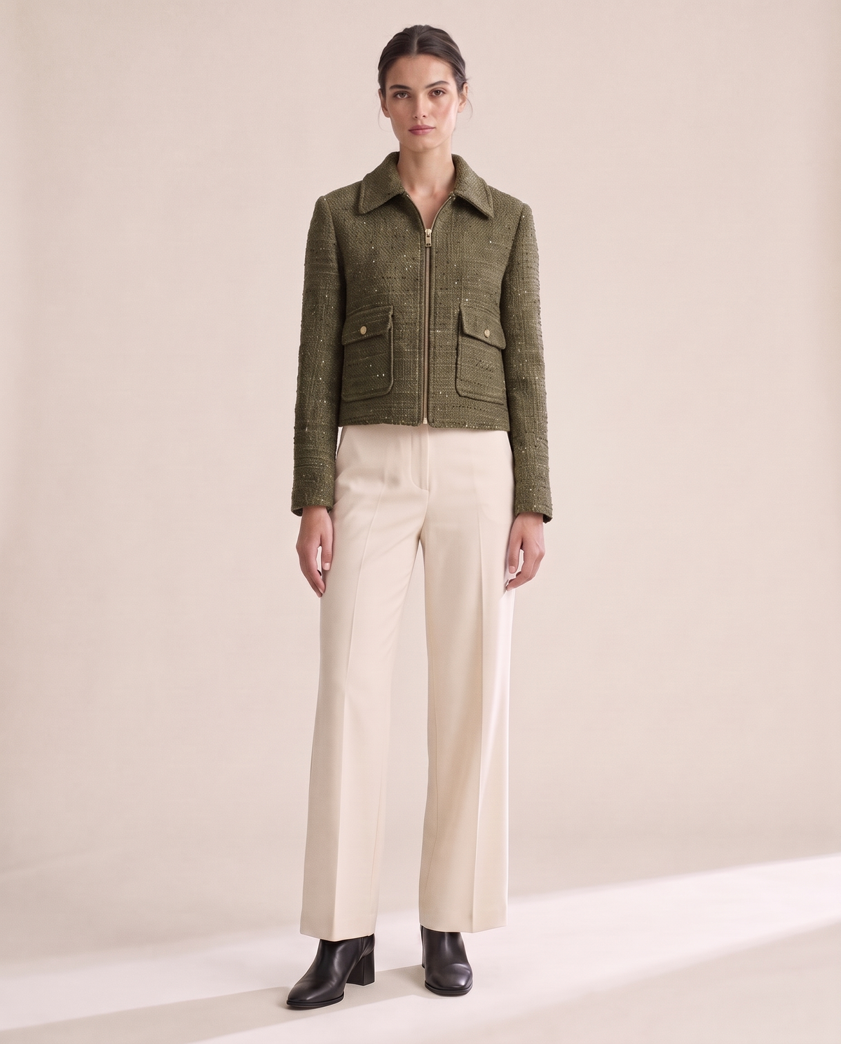 Tweed Zip Jacket for Women — Army Green
