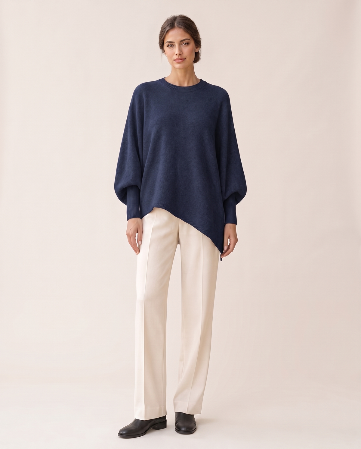 Ghent Warm Wool-Blend Draped Sweater with Asymmetric Hem — Navy Blue