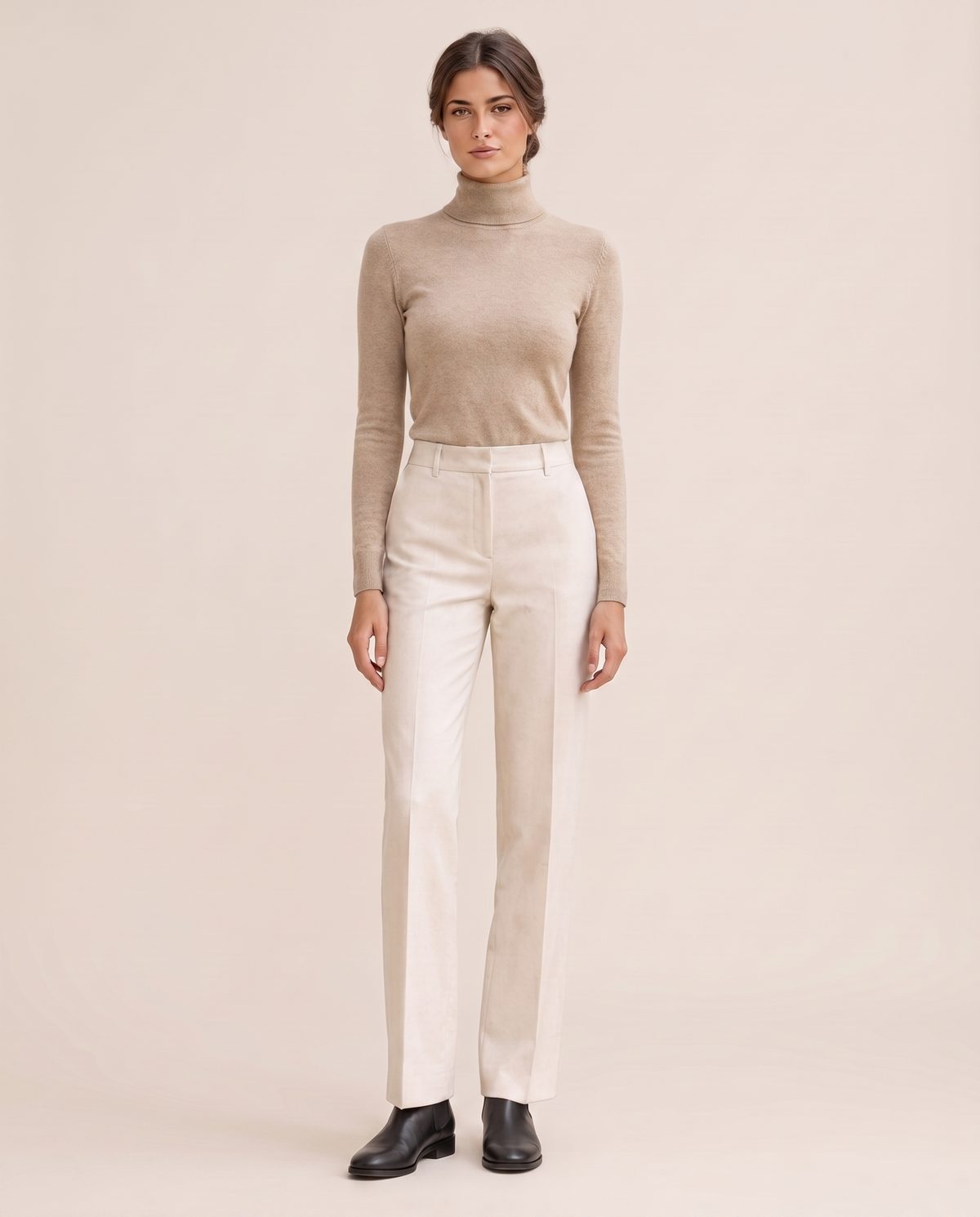 Highline Warm Fleece-Lined Slim Turtleneck Sweater — Beige