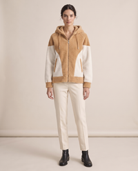 Color-Block Plush Hooded Jacket — Caramel