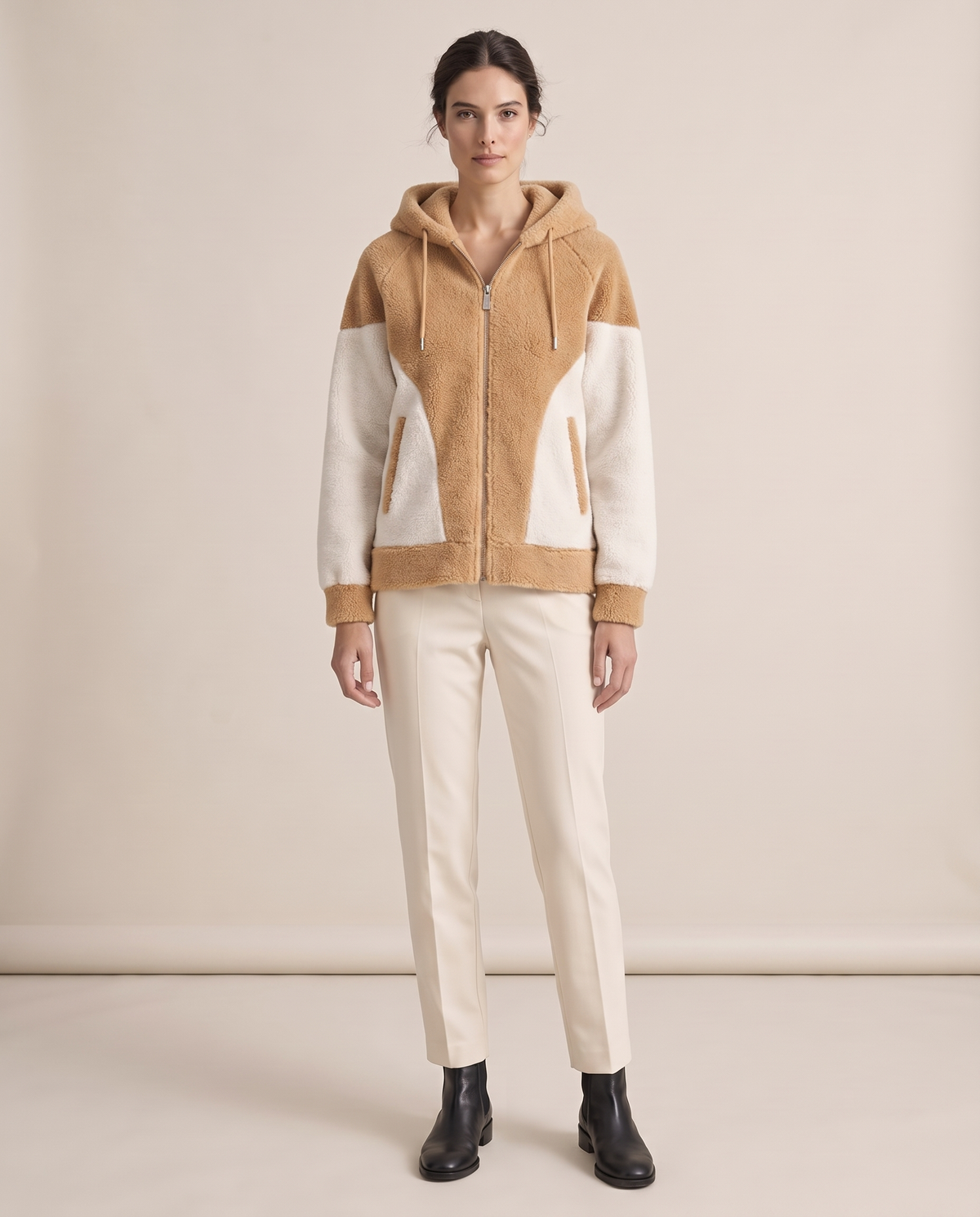 Color-Block Plush Hooded Jacket — Caramel