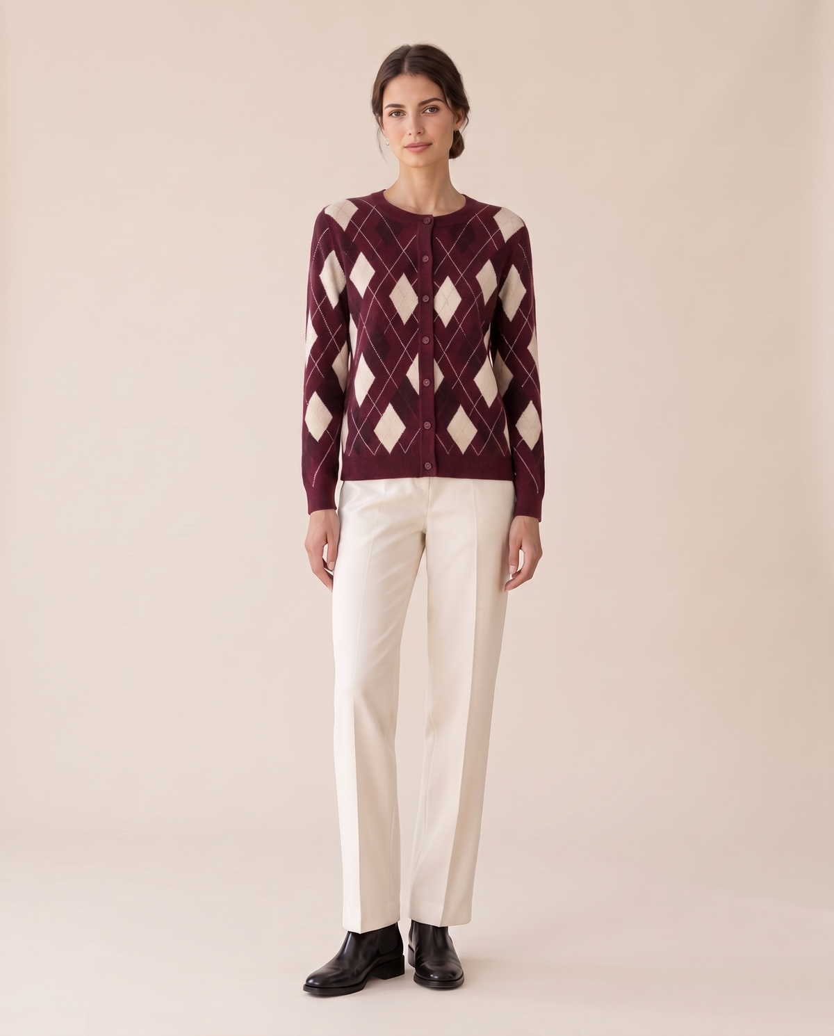 Belgravia Classic Argyle Button-Front Cardigan — Wine Red