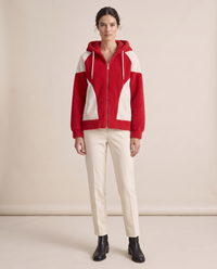 Color-Block Plush Hooded Jacket — Red