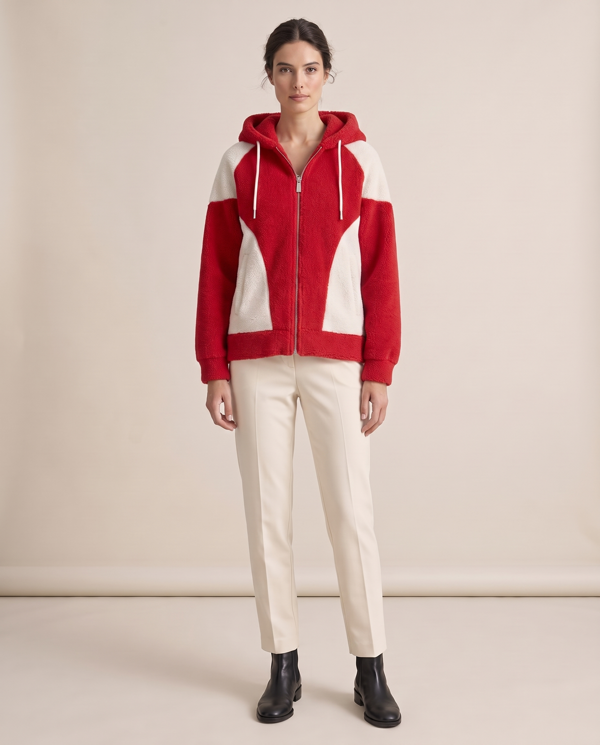 Color-Block Plush Hooded Jacket — Red