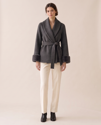 Wool-Blend Wrap Coat with Plush Cuffs — Dark Gray