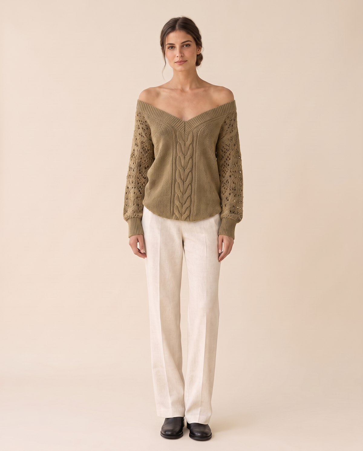 Ischia Relaxed Off-Shoulder Cable Knit V-Neck Sweater — Khaki