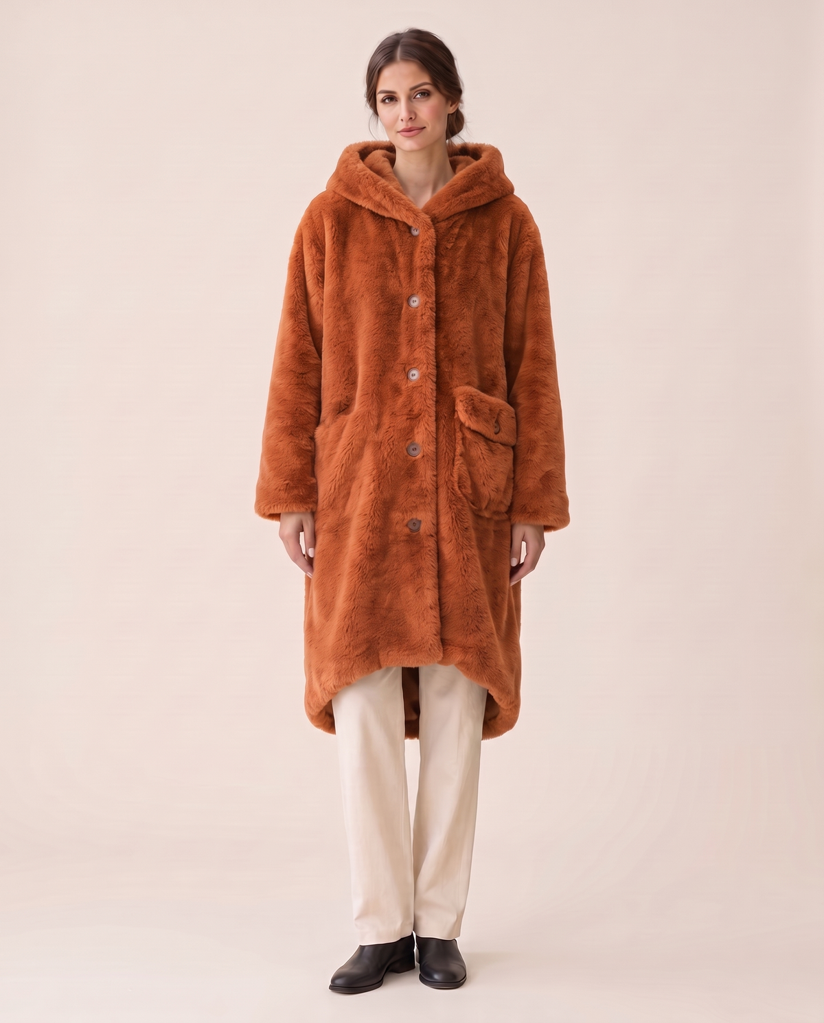 Hooded Faux Fur Longline Coat — Ginger