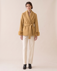 Wool-Blend Wrap Coat with Plush Cuffs — Yellow