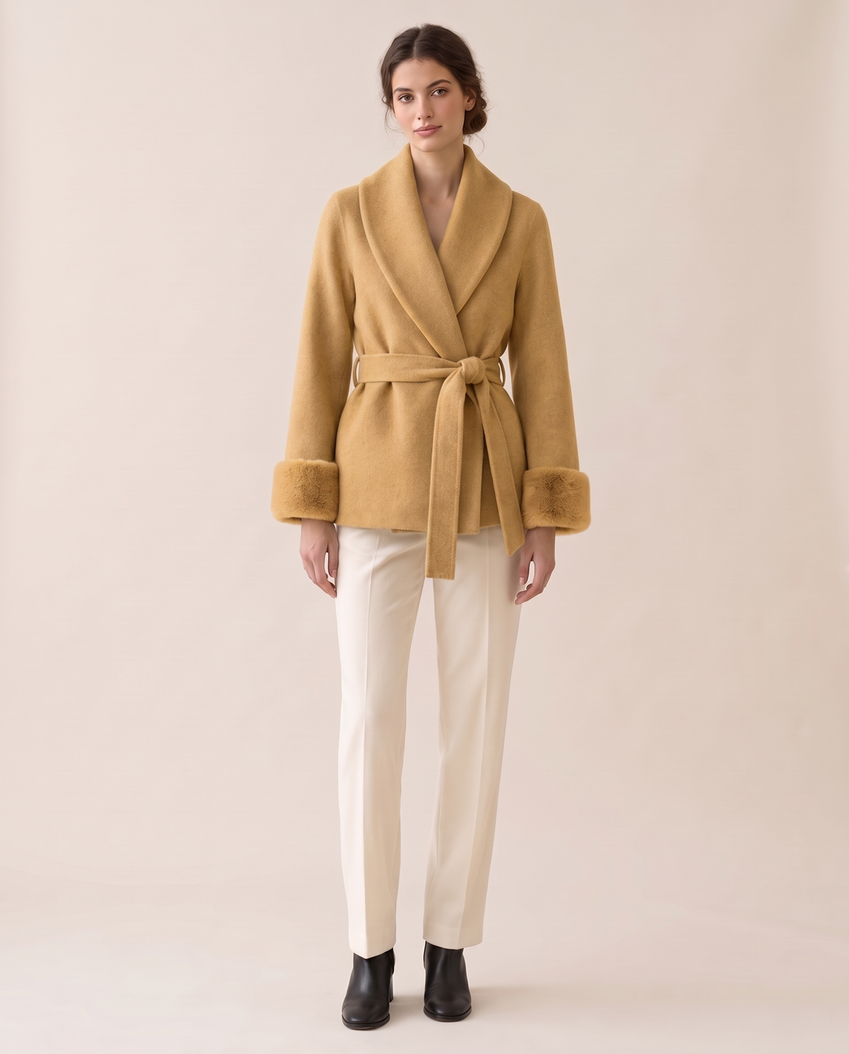 Wool-Blend Wrap Coat with Plush Cuffs — Yellow