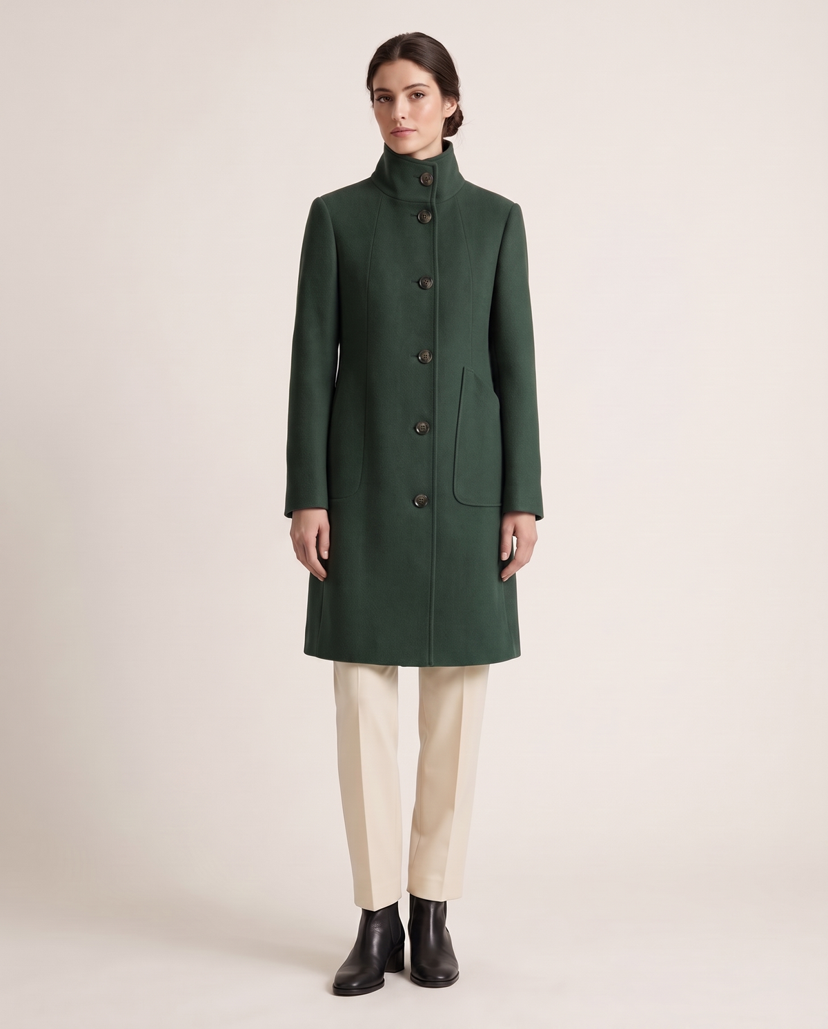 Women's Stand-Collar Coat with Deep Pockets — Green
