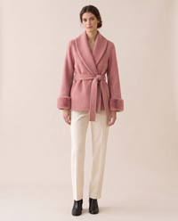 Wool-Blend Wrap Coat with Plush Cuffs — Pink