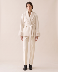 Wool-Blend Wrap Coat with Plush Cuffs — White
