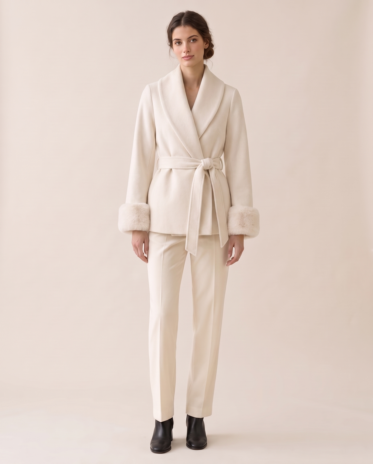 Wool-Blend Wrap Coat with Plush Cuffs — White