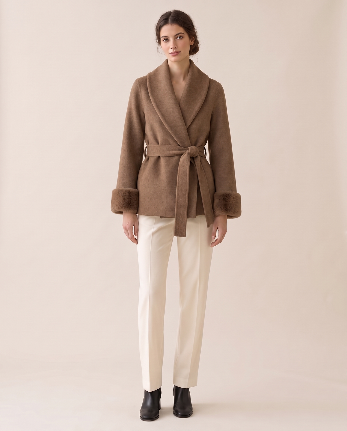 Wool-Blend Wrap Coat with Plush Cuffs — Coffee