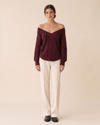 Ischia Relaxed Off-Shoulder Cable Knit V-Neck Sweater — Burgundy