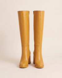Round Toe Knee-High Boots with Block Heel — Yellow