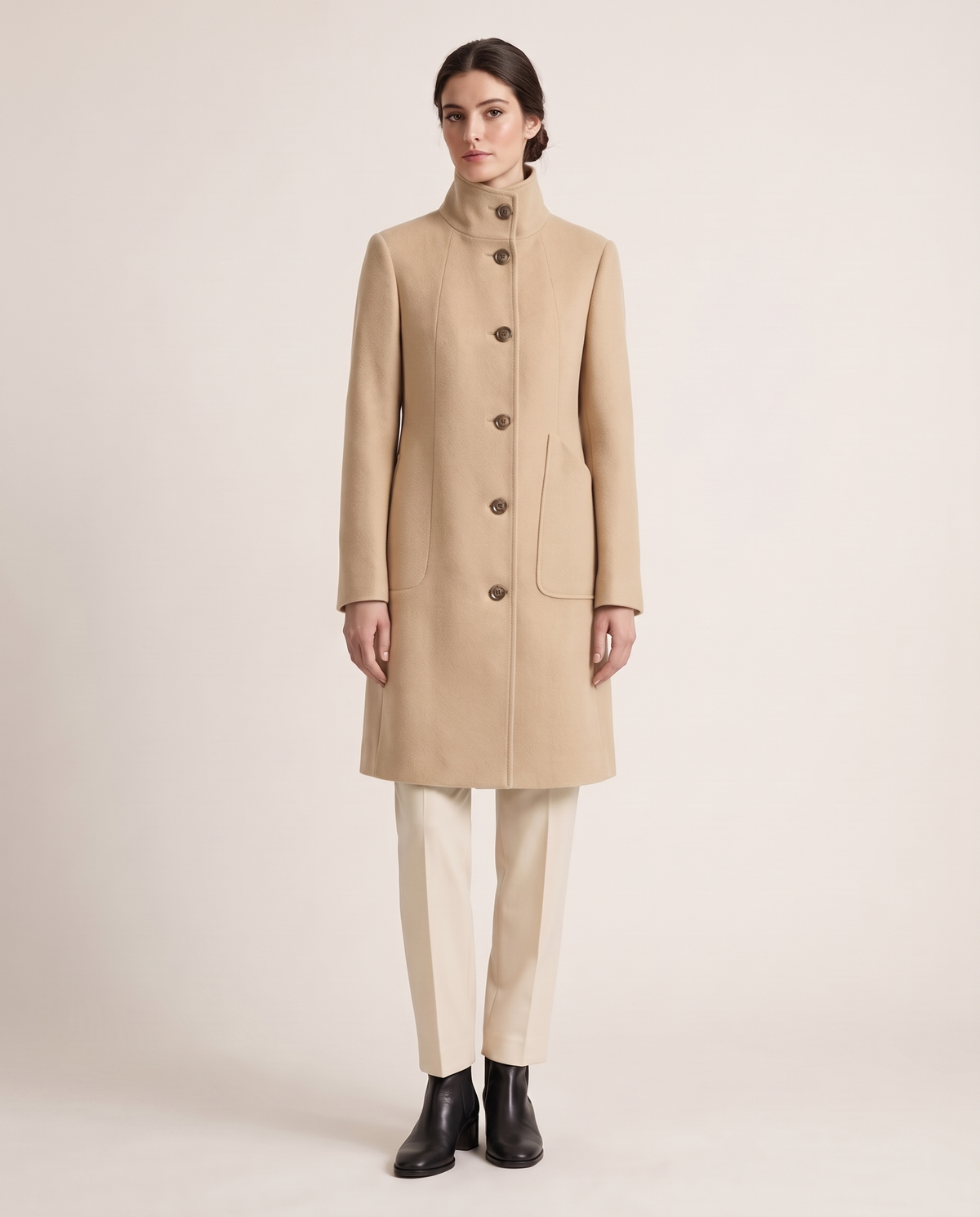 Women's Stand-Collar Coat with Deep Pockets — Beige