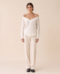 Ischia Relaxed Off-Shoulder Cable Knit V-Neck Sweater — White