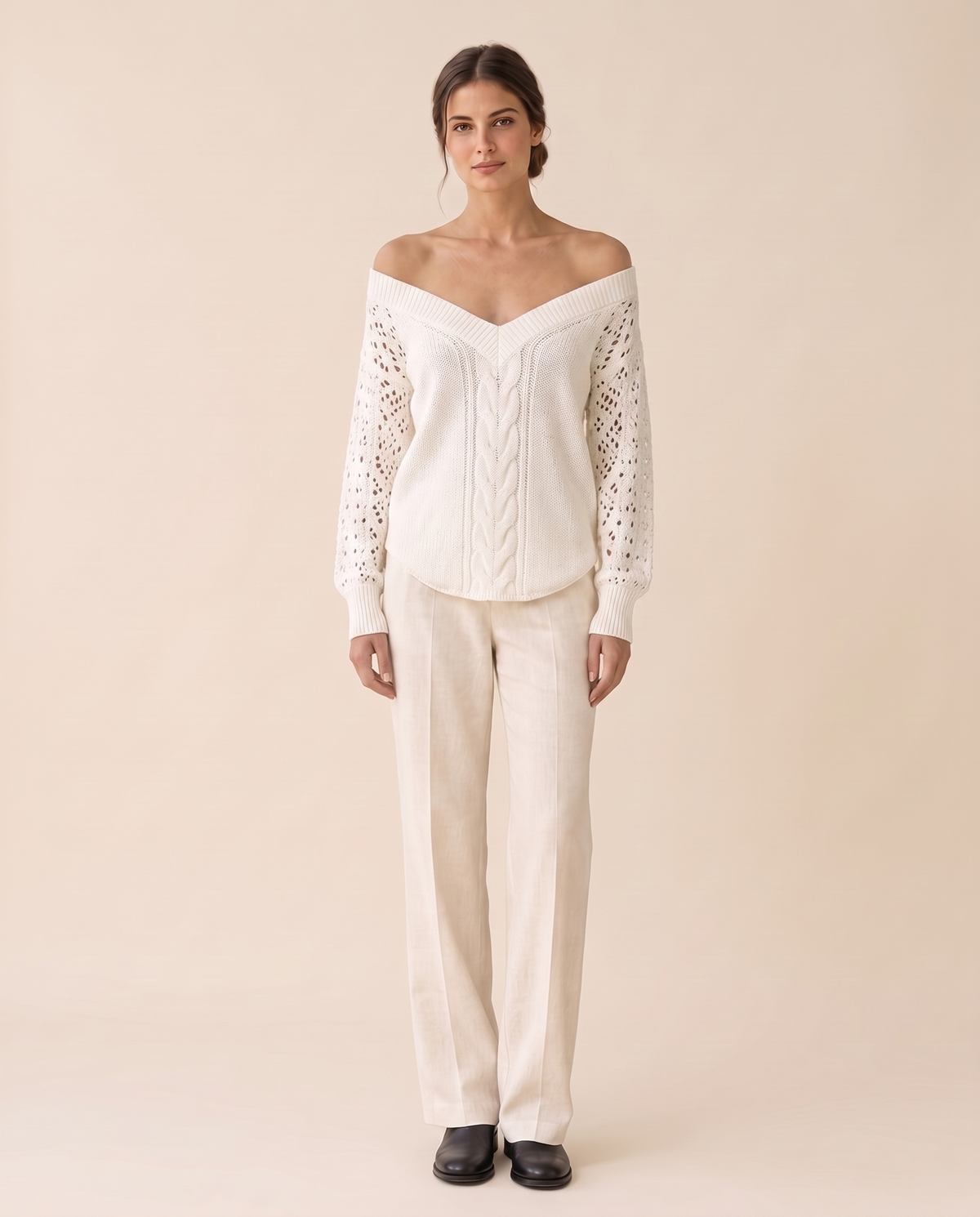 Ischia Relaxed Off-Shoulder Cable Knit V-Neck Sweater — White