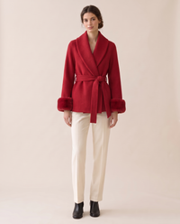 Wool-Blend Wrap Coat with Plush Cuffs — Red