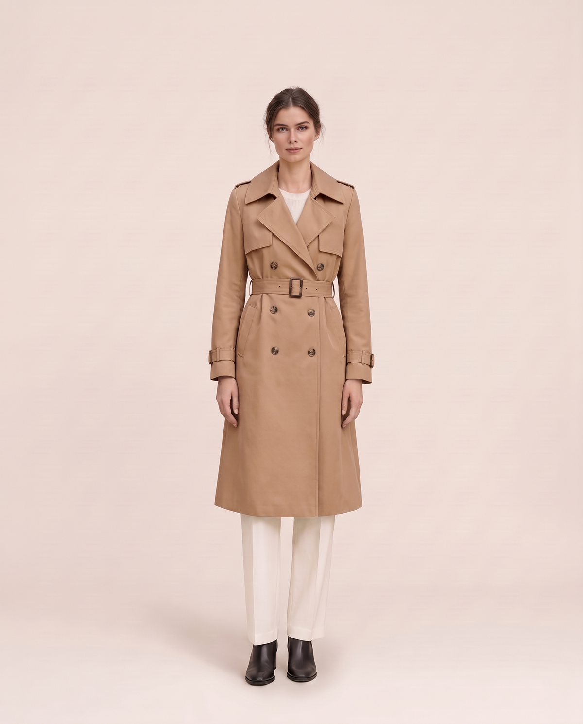 Mid-Length Double-Breasted Belted Trench Coat — Light Brown