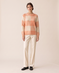 Foxhollow Relaxed Plaid Crew Neck Sweater — Peach