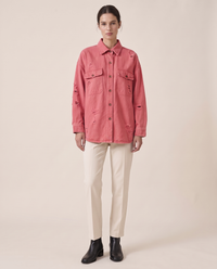 Distressed Shirt Jacket for Women — Rose Red
