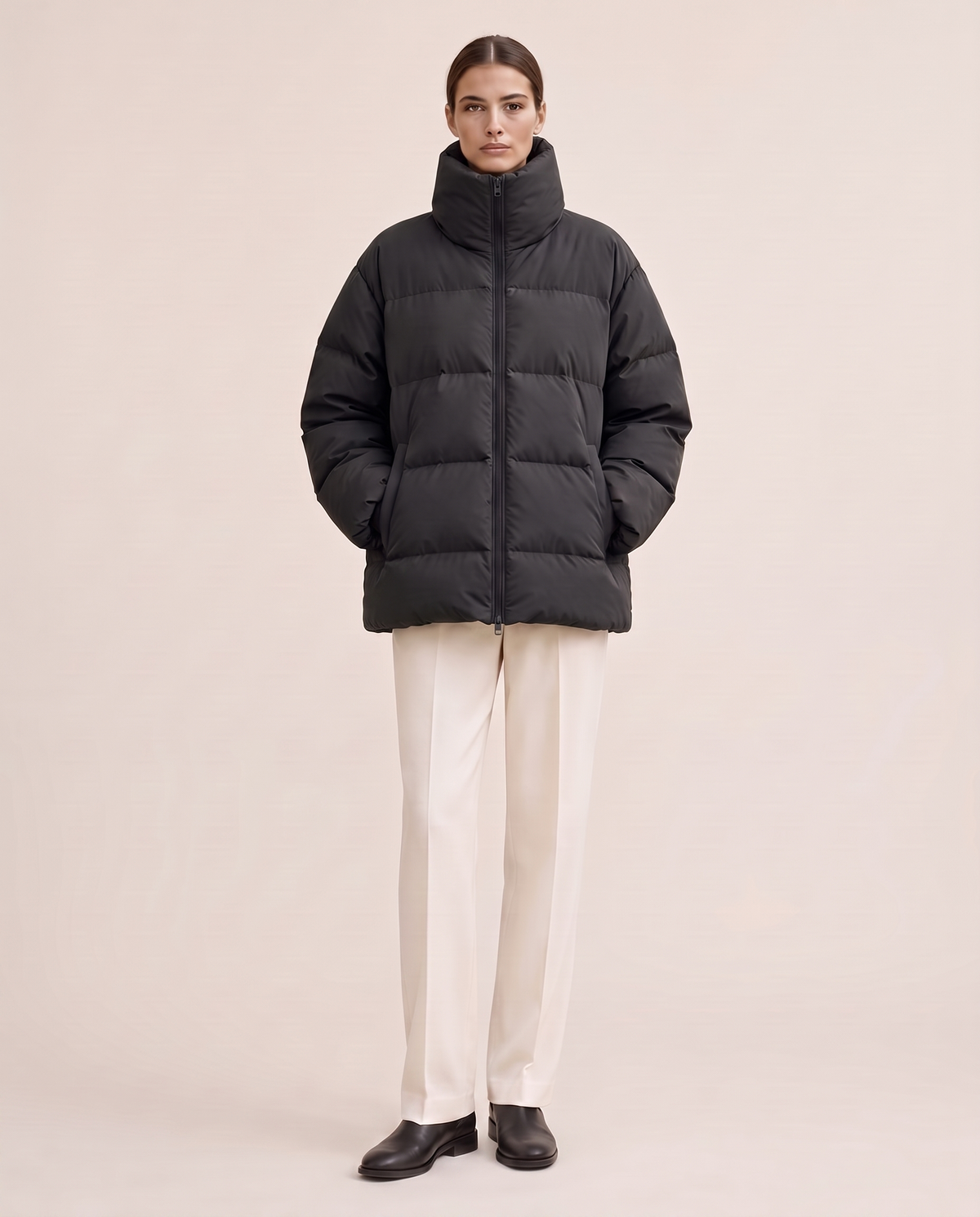 Oversized Quilted Puffer Jacket with Funnel Neck — Black