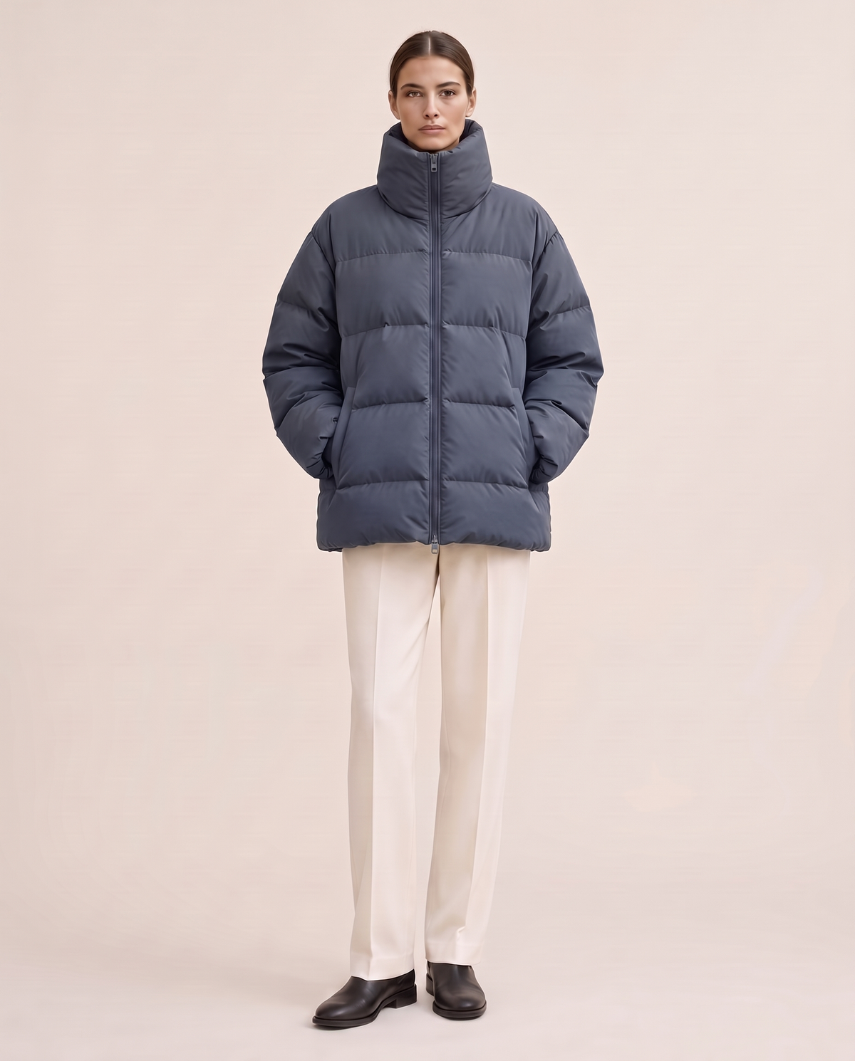 Oversized Quilted Puffer Jacket with Funnel Neck — Blue