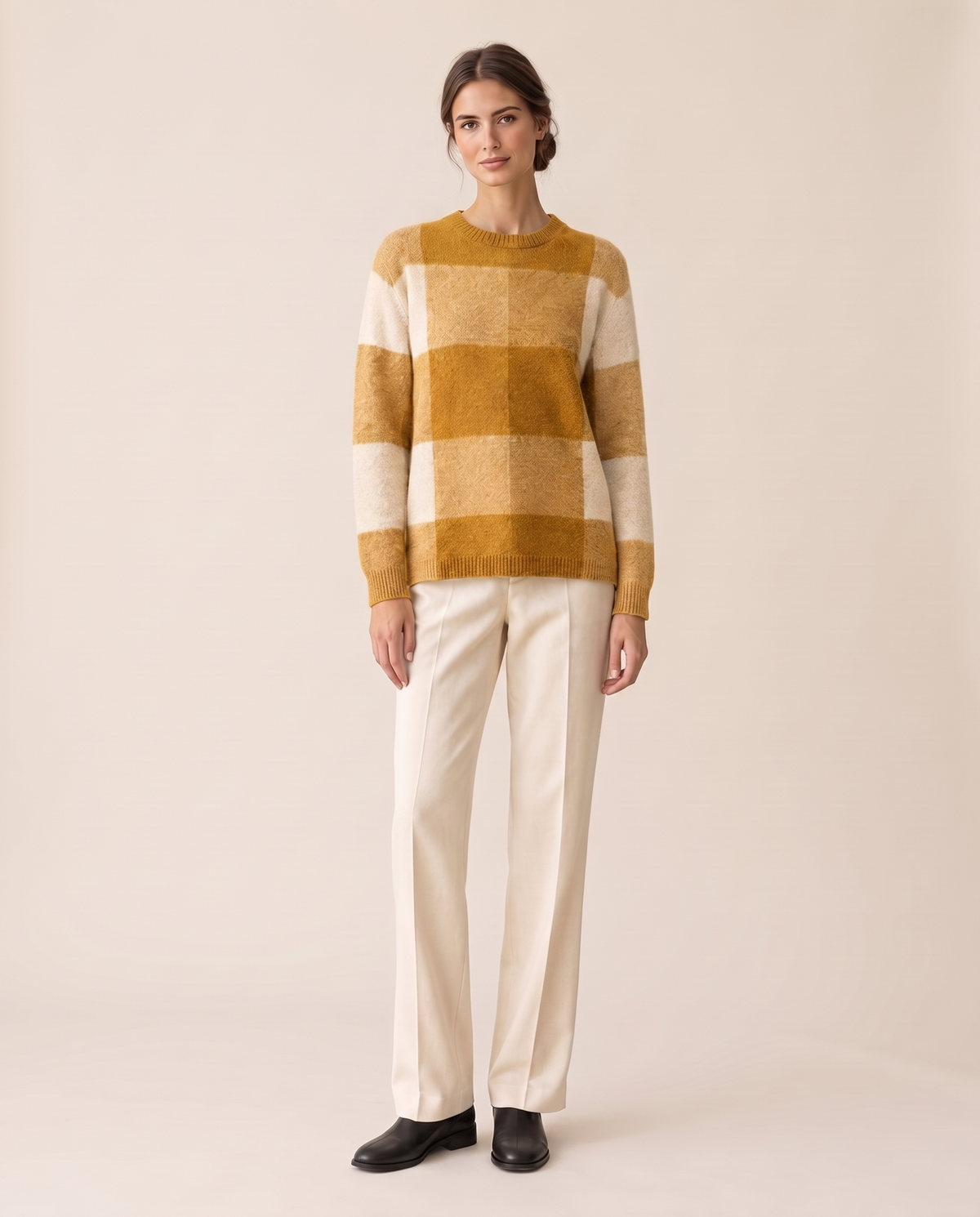 Foxhollow Relaxed Plaid Crew Neck Sweater — Yellow