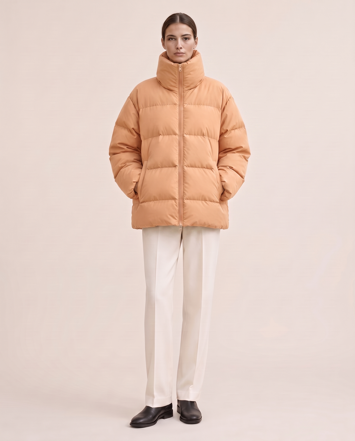 Oversized Quilted Puffer Jacket with Funnel Neck — Apricot
