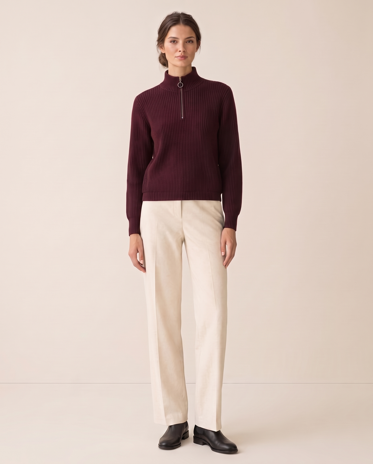 Kestrel Sleek Ribbed Half-Zip Mock Neck Sweater — Burgundy