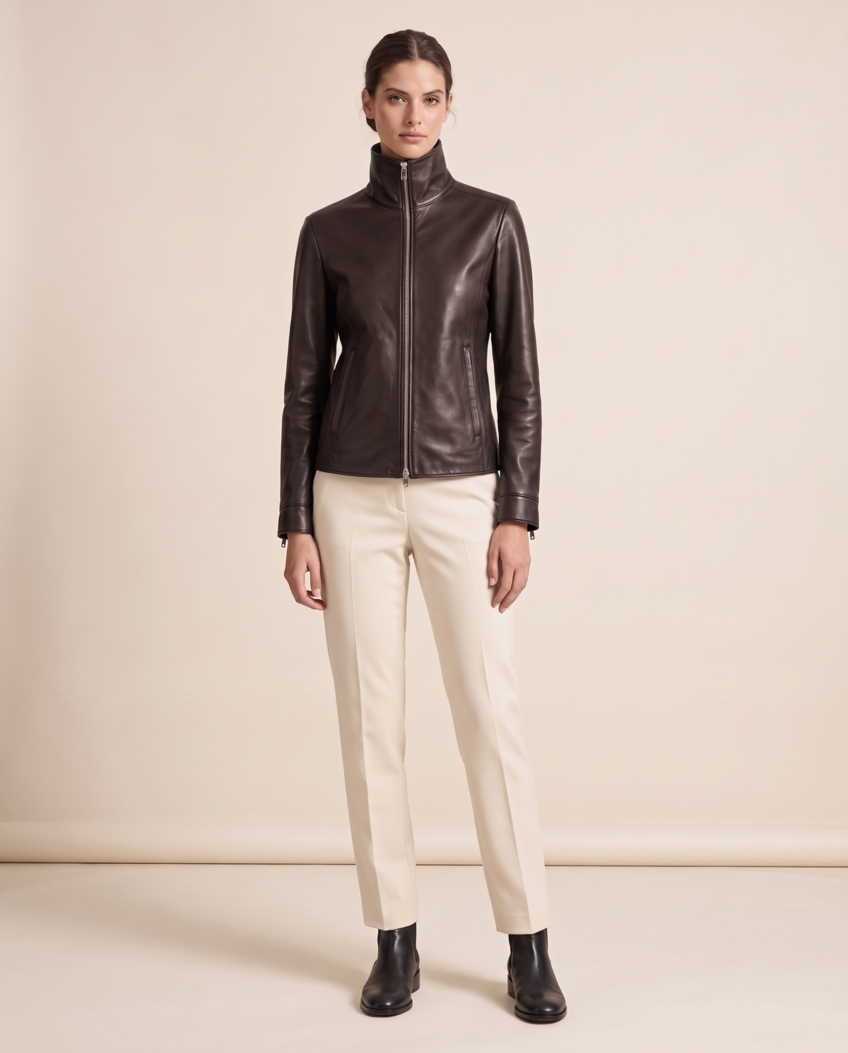 High-Neck Zip Faux Leather Jacket for Women — Dark Brown